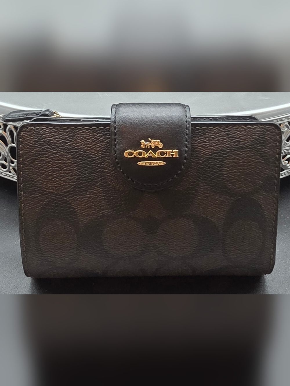 Coach Compact Signature Wallet in Dark Brown with Gold Logo